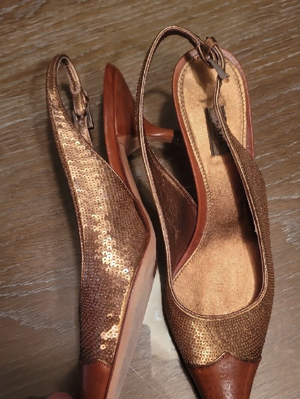 Prada Metallic Bronze Pointed Kitten Heel Slingback Heels - Picture 2 of 10